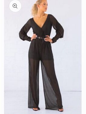 Windsor Black Sheer V-Neck Long Sleeve Pleated Jumpsuit